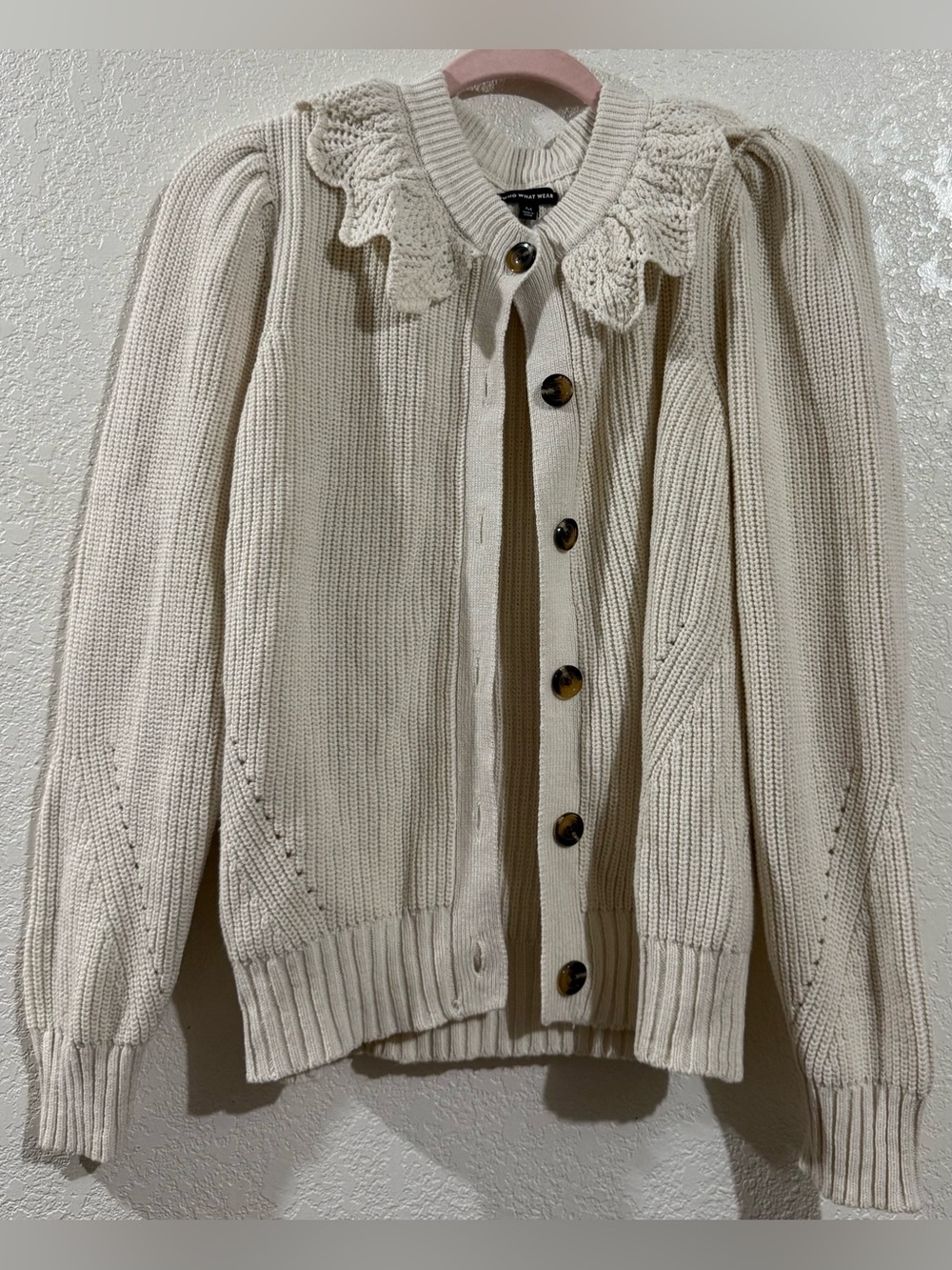 Who What Wear Cream Crochet Collar Button Cardigan